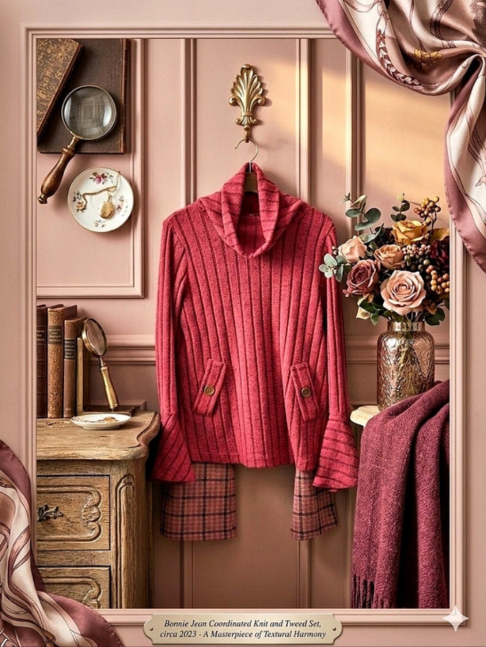 Bonnie Jean Red/Burgundy Plaid Cowl Neck Sweater & Plaid Pants Like New. Size 7
